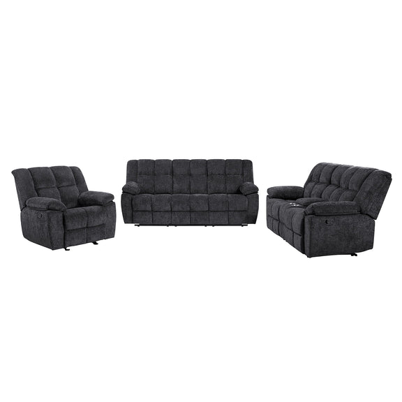 Black reclining set with chair, loveseat, and sofa; tufted upholstery and recline arms