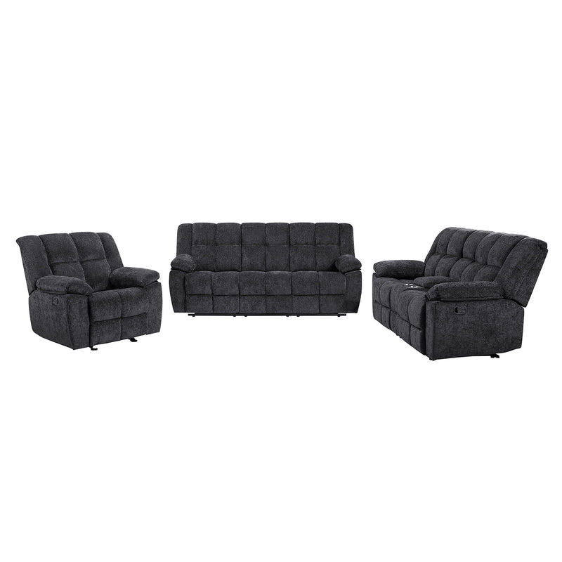 Black reclining set with chair, loveseat, and sofa; tufted upholstery and recline arms