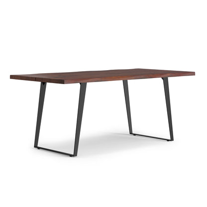 Rectangular dining table with dark brown wood top and black metal X-frame legs