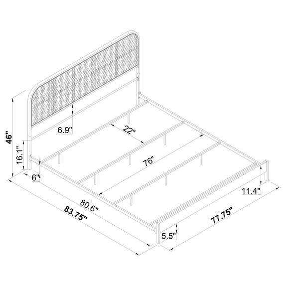 Bed frame dimensions diagram showing black frame, tan headboard panel, and labeled slats.