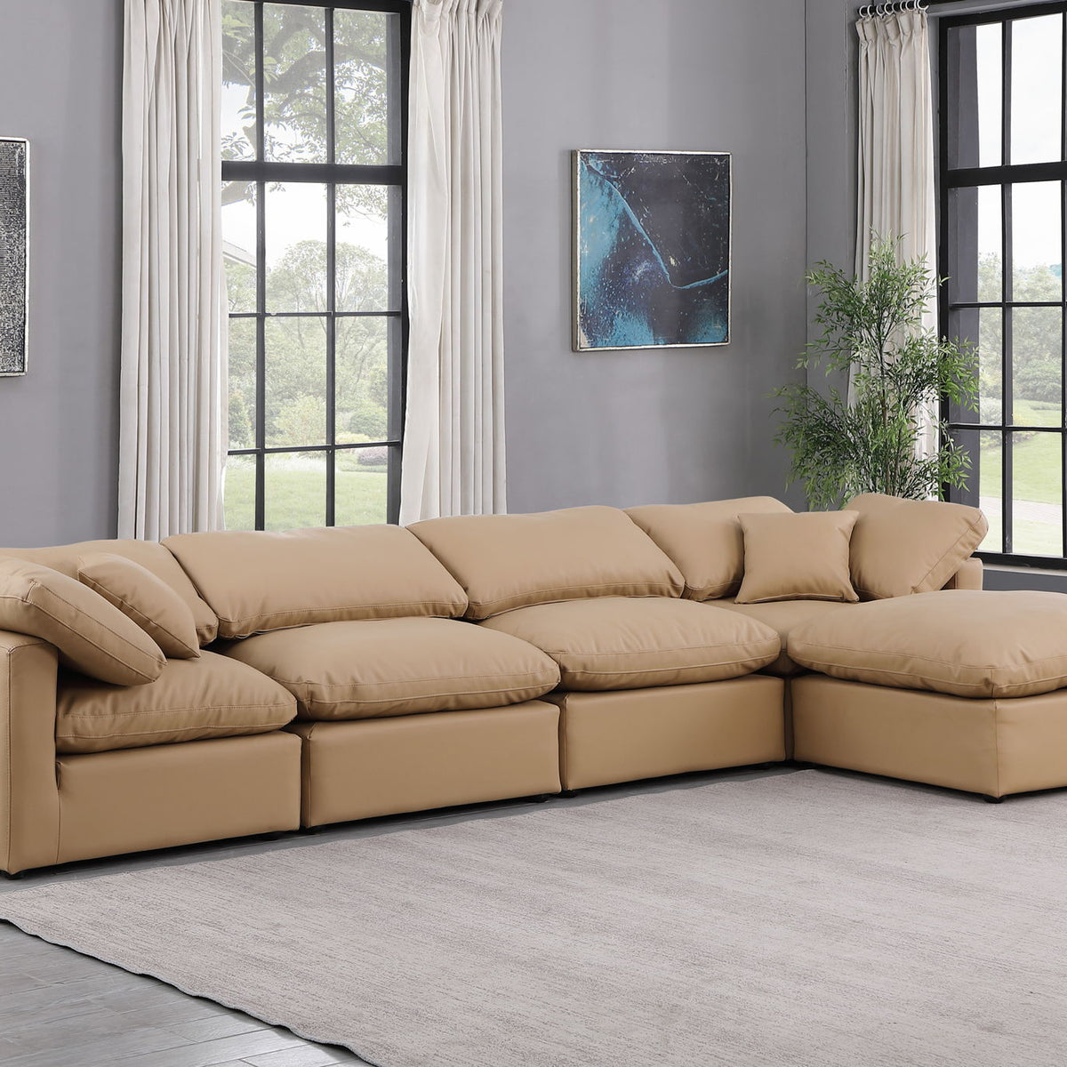 Indulge - Faux Leather 5 Piece Modular Sectional With Chaise - Tan
