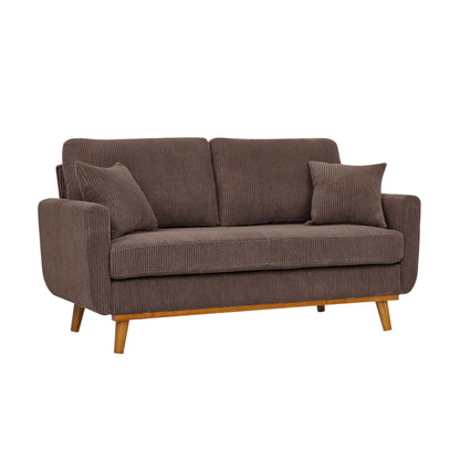 Upholstered loveseat with arms and pillows, dark brown fabric and wooden legs