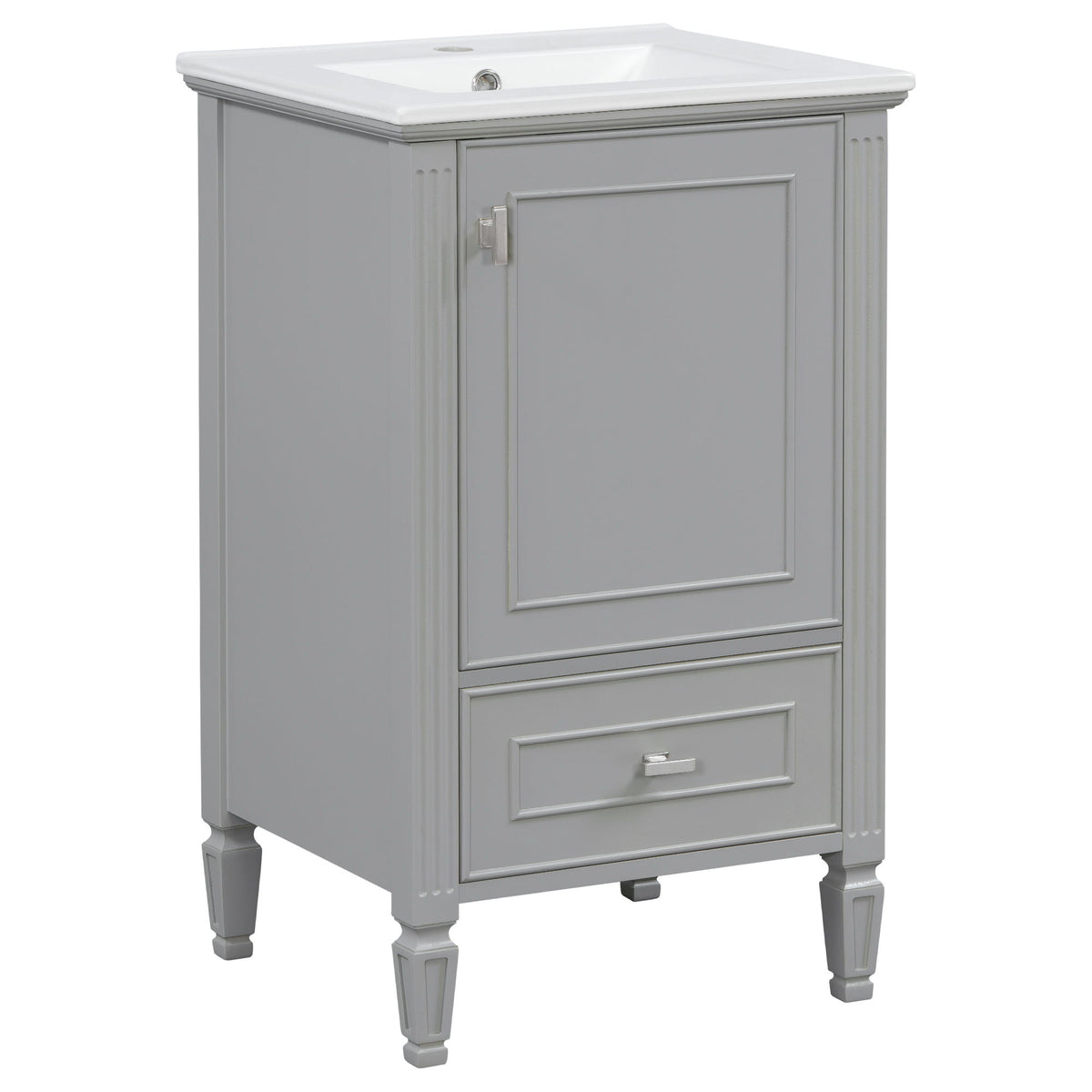 Gray retro bathroom vanity with white countertop, single door, drawer, and turned legs.