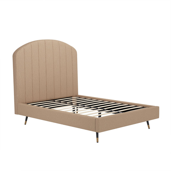 Light brown upholstered bed frame with arched channel headboard and slatted base