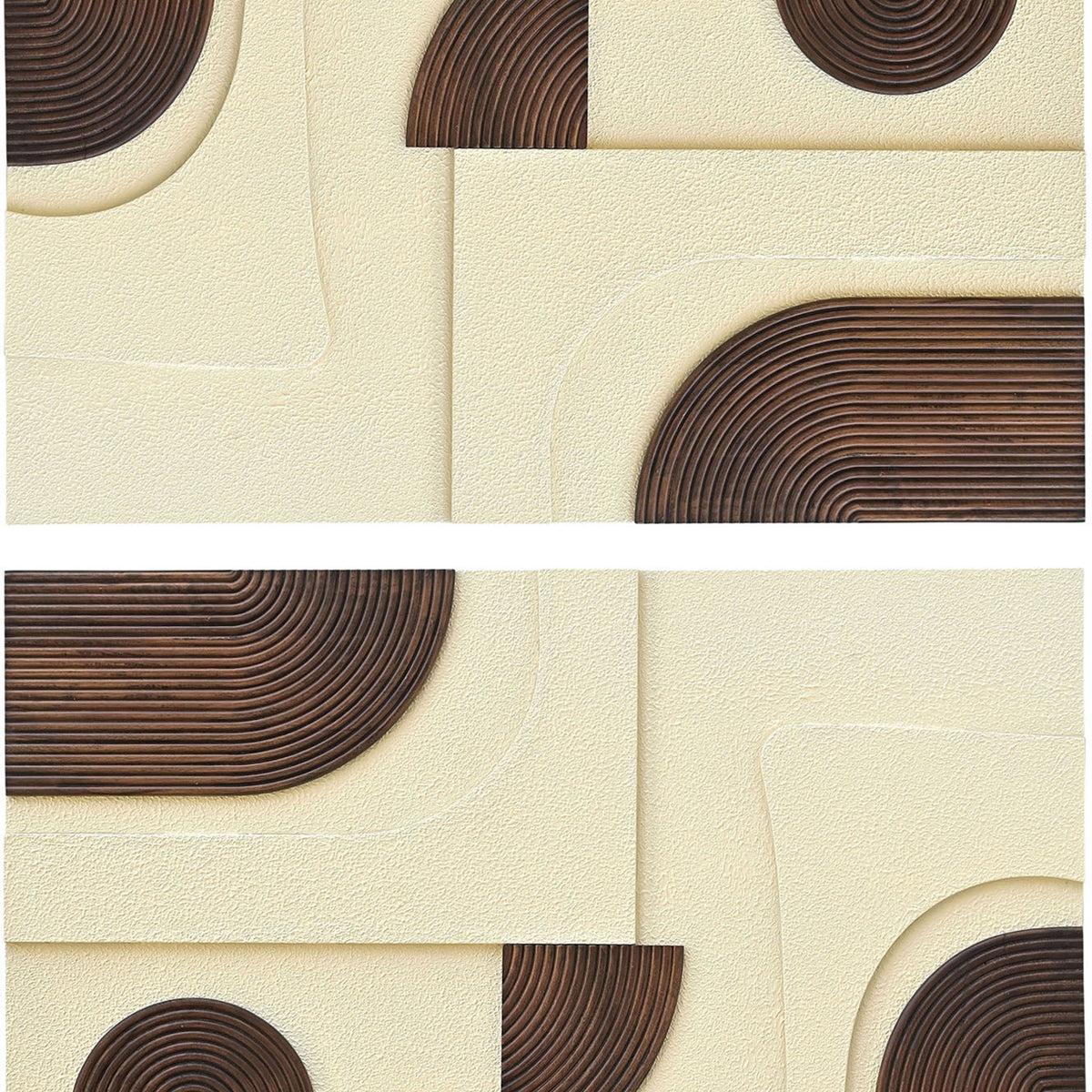 Mango wood wall art with circular ring motifs in brown tones on textured cream panel