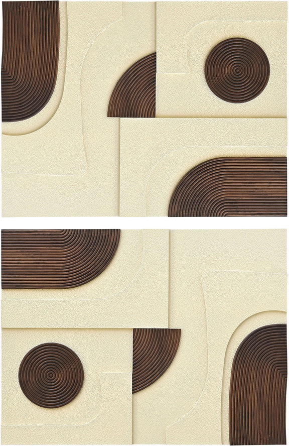 Mango wood wall art with circular ring motifs in brown tones on textured cream panel