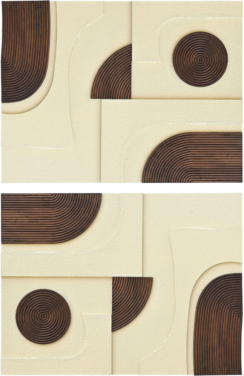 Mango wood wall art with circular ring motifs in brown tones on textured cream panel