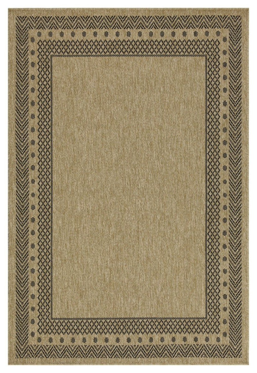 Light brown area rug featuring a dark square frame and small geometric trim.