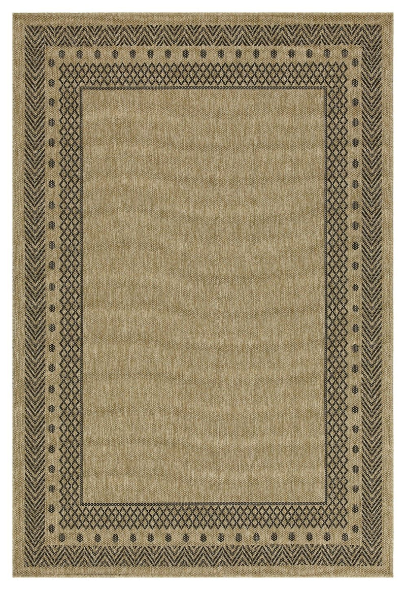 Light brown area rug featuring a dark square frame and small geometric trim.