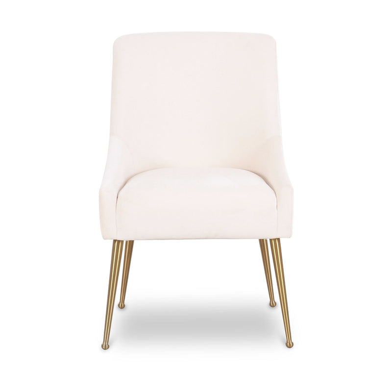 Cream velvet side chair with upholstered seat and angled legs, no visible hardware