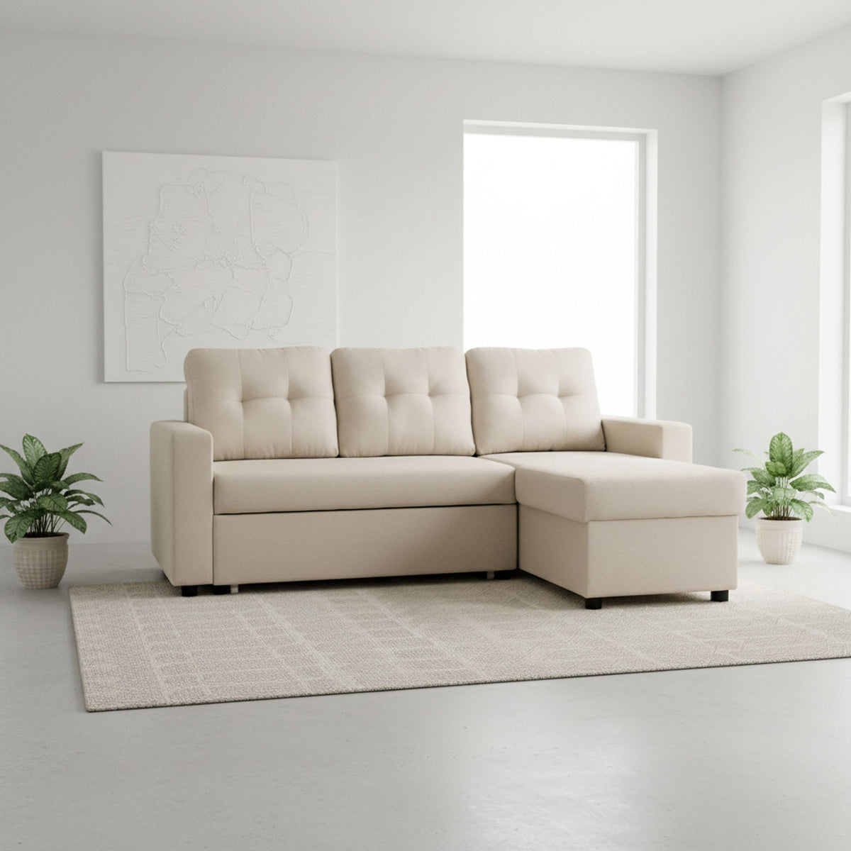 Beige L-shaped sectional sleeper sofa with tufted seat and cream pillows