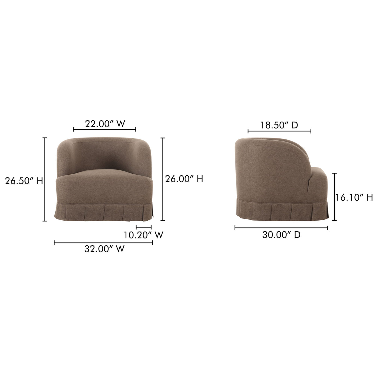 Dark brown swivel accent chair dimensions diagram with rounded back and seat