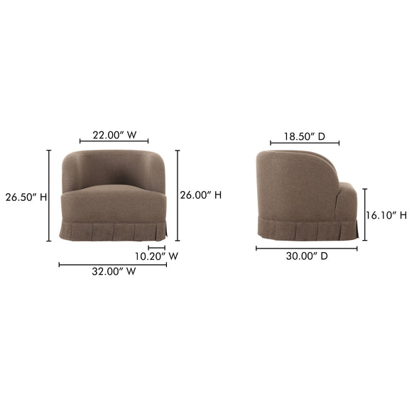 Dark brown swivel accent chair dimensions diagram with rounded back and seat