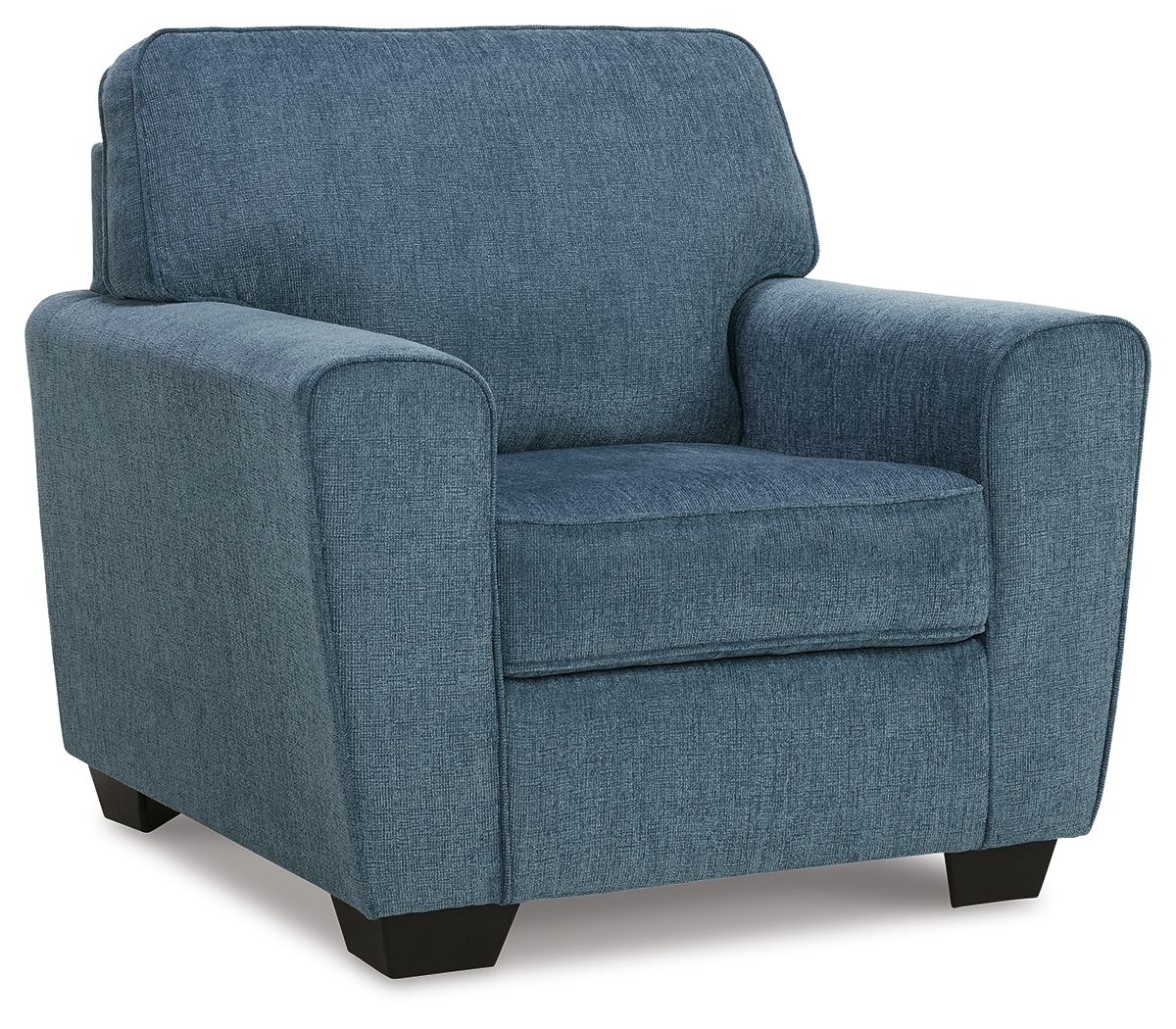 Blue upholstered accent chair with rounded back, padded arms, and black legs