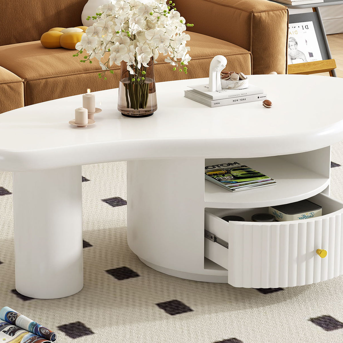 Cloud - Coffee Table, Irregular Shape Coffee Table With 1 Dreawer And Shelf For Living Room - White