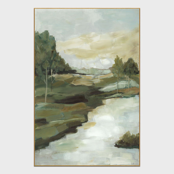 Framed landscape painting by Buddy Whitlock, dark green trees and flowing river