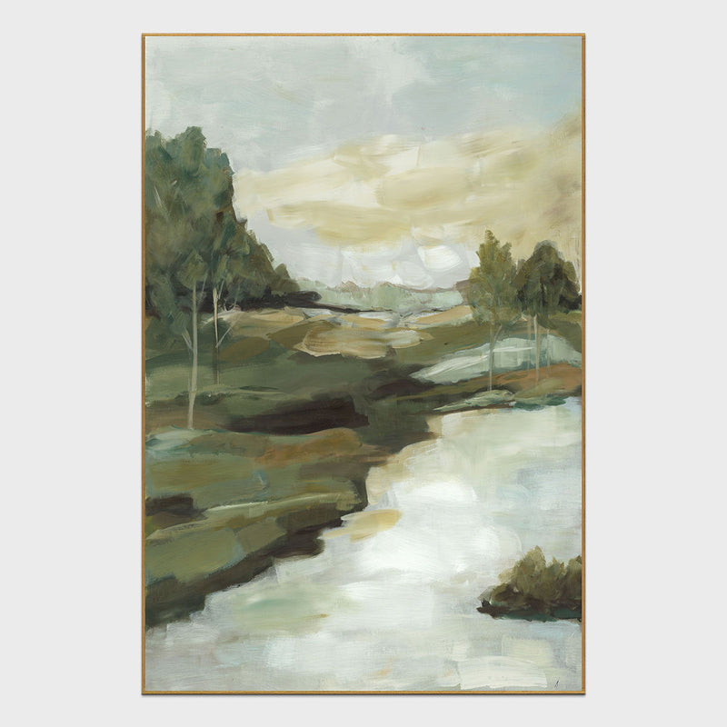 Framed landscape painting by Buddy Whitlock, dark green trees and flowing river