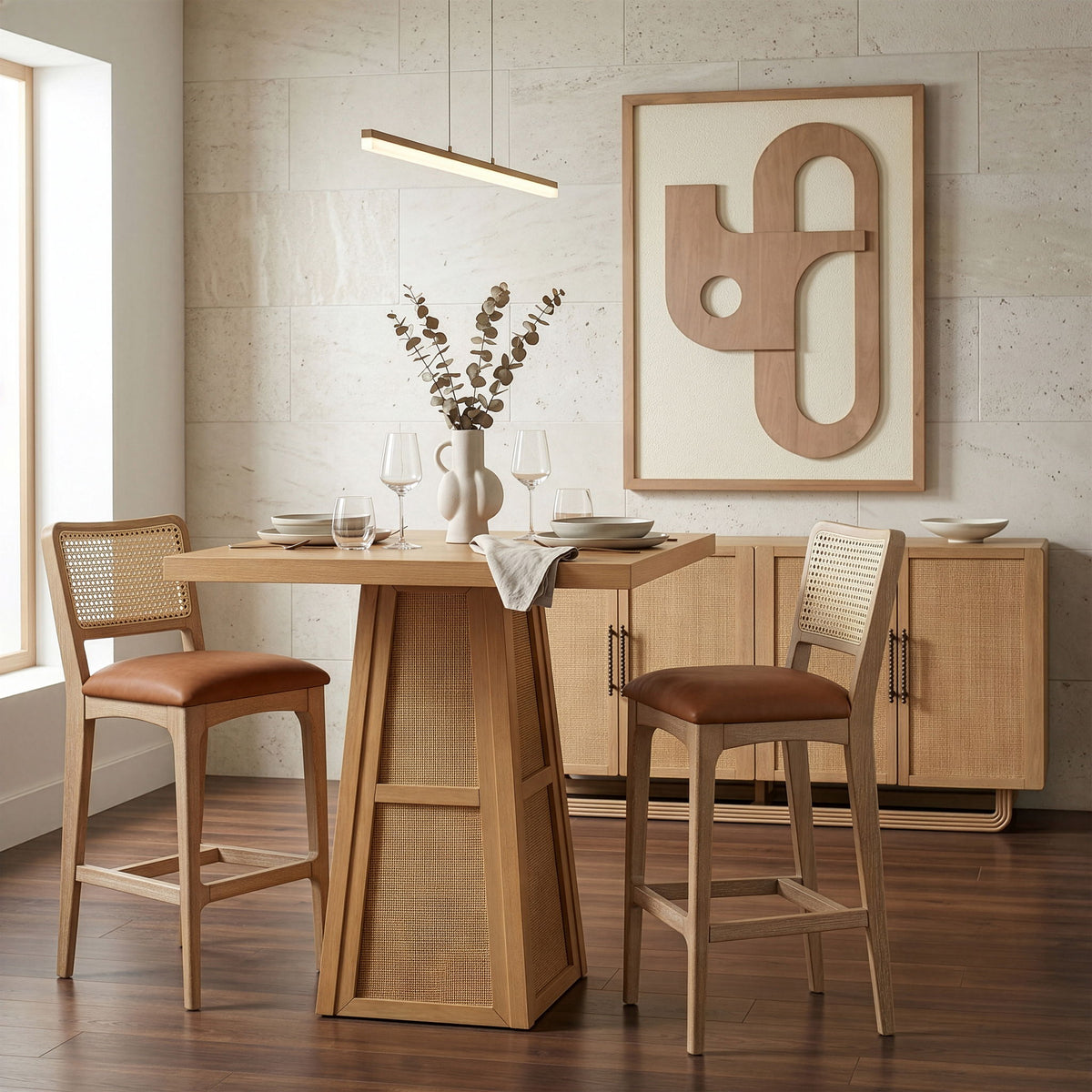 Fenwick - Cane, Oak Veneer And Solid Wood Bar Height Table