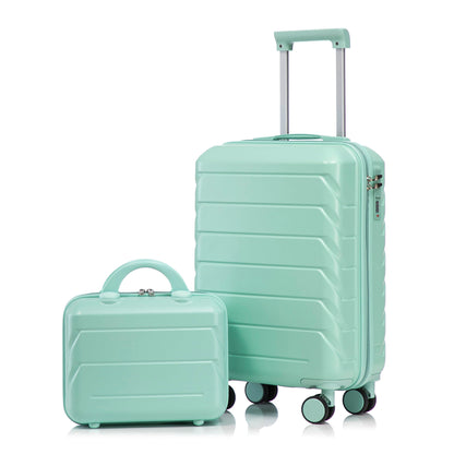 Mint green two-piece spinner luggage set with combination lock and matching carry case