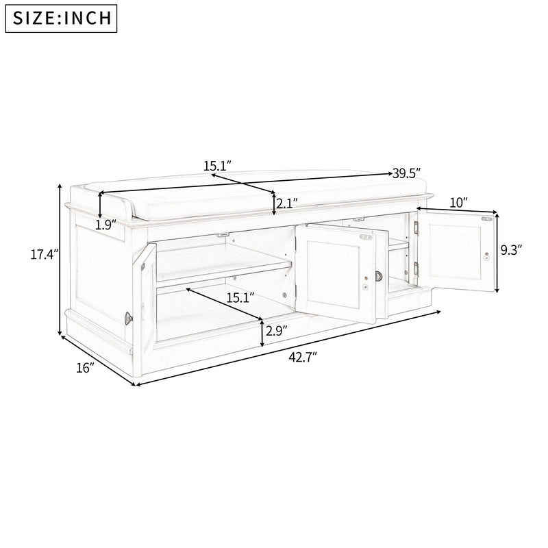 White storage bench shown with doors open, adjustable shelves, and dimension labels