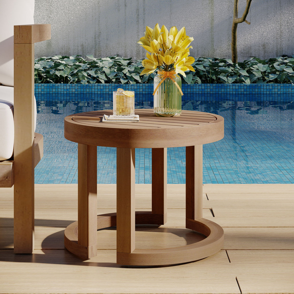 Outdoor Acacia Wood Side Table, Solid Side Table For Patio, Pool, Porch - Brown Wash