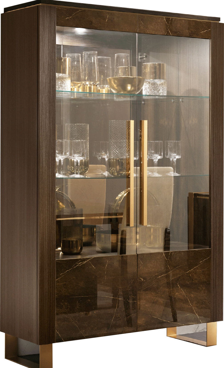 Dark brown china cabinet with two glass doors and open shelving; front view.