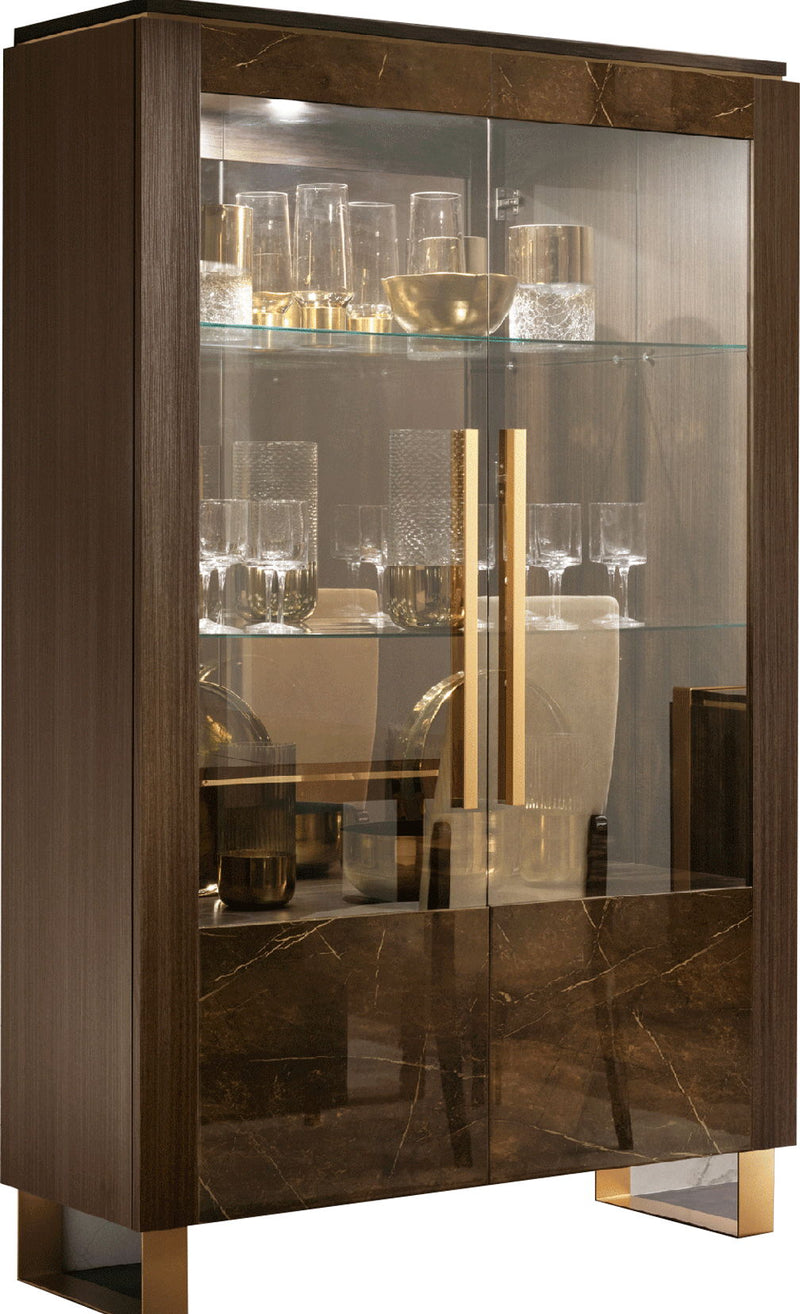 Dark brown china cabinet with two glass doors and open shelving; front view.