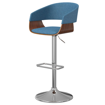 Light blue fabric adjustable swivel bar stool with chrome base and footrest ring