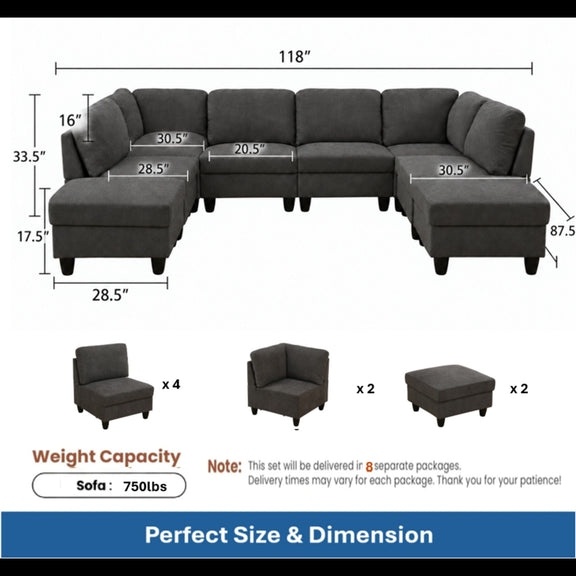 Dark gray U-shape sectional sofa dimension diagram with chaise and seat measurements