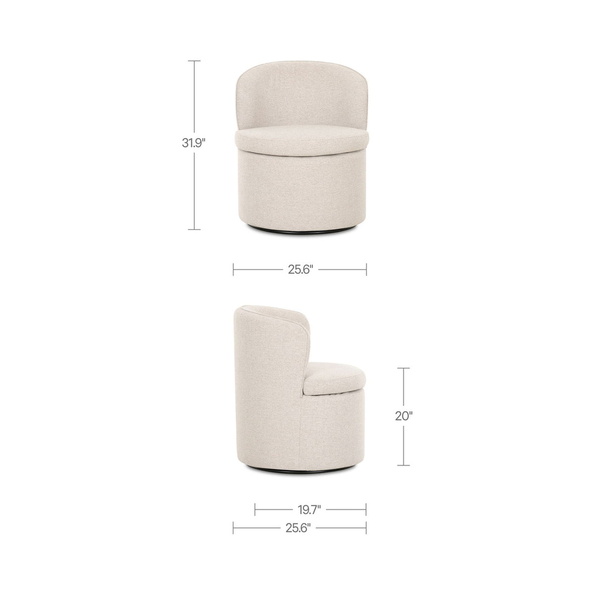 Oatmeal swivel accent chair with rounded back and circular base, dimensions shown