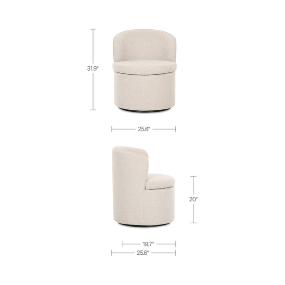 Oatmeal swivel accent chair with rounded back and circular base, dimensions shown