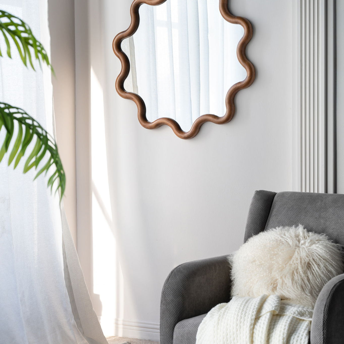 Wooden Accent Mirror With Unique Frame, Wall Mirror For Living Room Bedroom Entryway - Brown