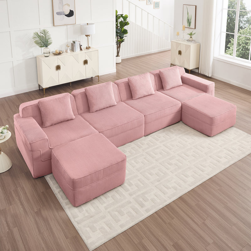 4-Seater Modular U-Shaped Corduroy Sectional Sofa - Pink Corduroy