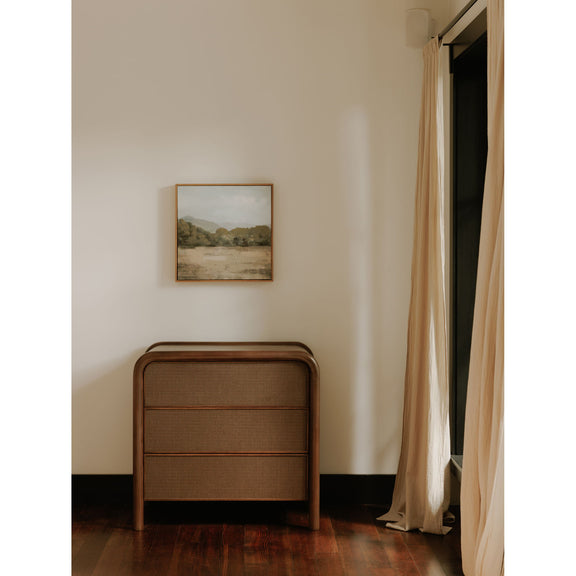 Warm brown 3-drawer nightstand with gray woven panel drawer fronts and rounded top