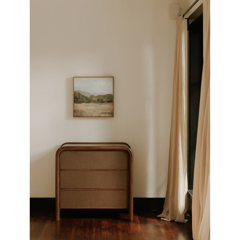Warm brown 3-drawer nightstand with gray woven panel drawer fronts and rounded top