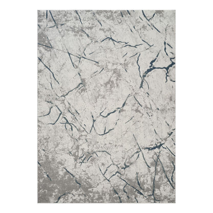 Gray area rug with geometric 3D effect pattern and abstract crackle lines