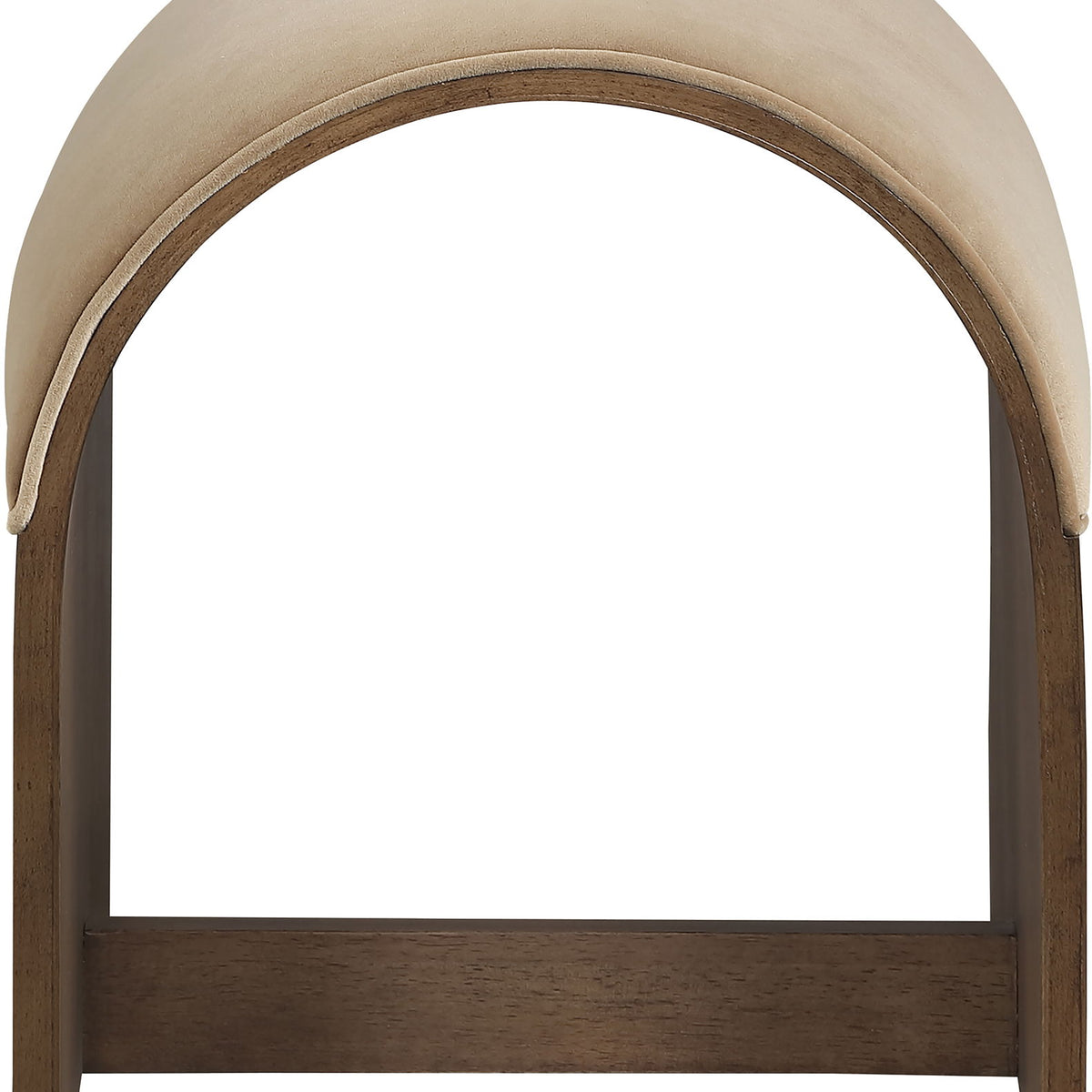 Sable velvet bench with arched ends, light beige seat cushion, and wood legs.