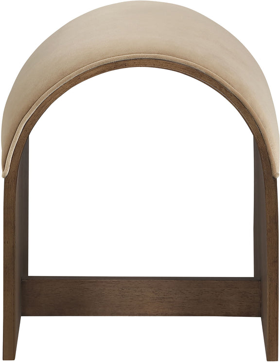 Sable velvet bench with arched ends, light beige seat cushion, and wood legs.