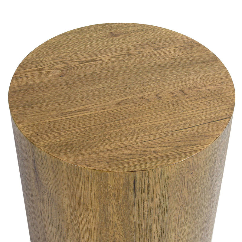 Round end table top view with circular wood surface and visible grain lines