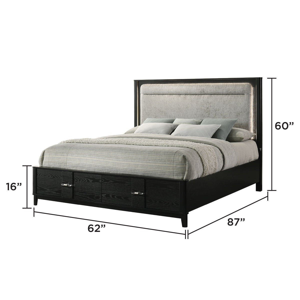 Black bed with upholstered headboard and storage drawers, gray bedding