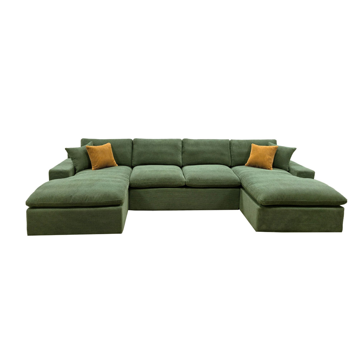 Dark green U-shaped sectional sofa with wide chaise sections and two mustard throw pillows