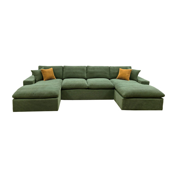 Dark green U-shaped sectional sofa with wide chaise sections and two mustard throw pillows