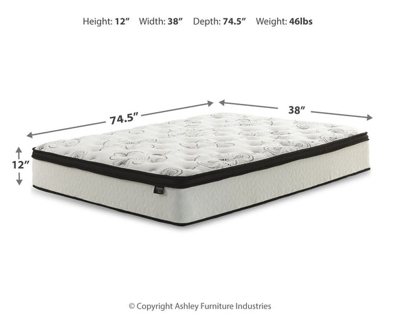 12-inch hybrid mattress, 38 in wide and 74.5 in deep, white quilted top