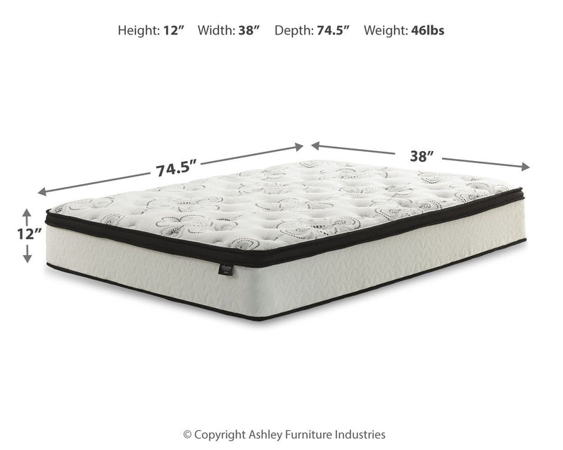 12-inch hybrid mattress, 38 in wide and 74.5 in deep, white quilted top