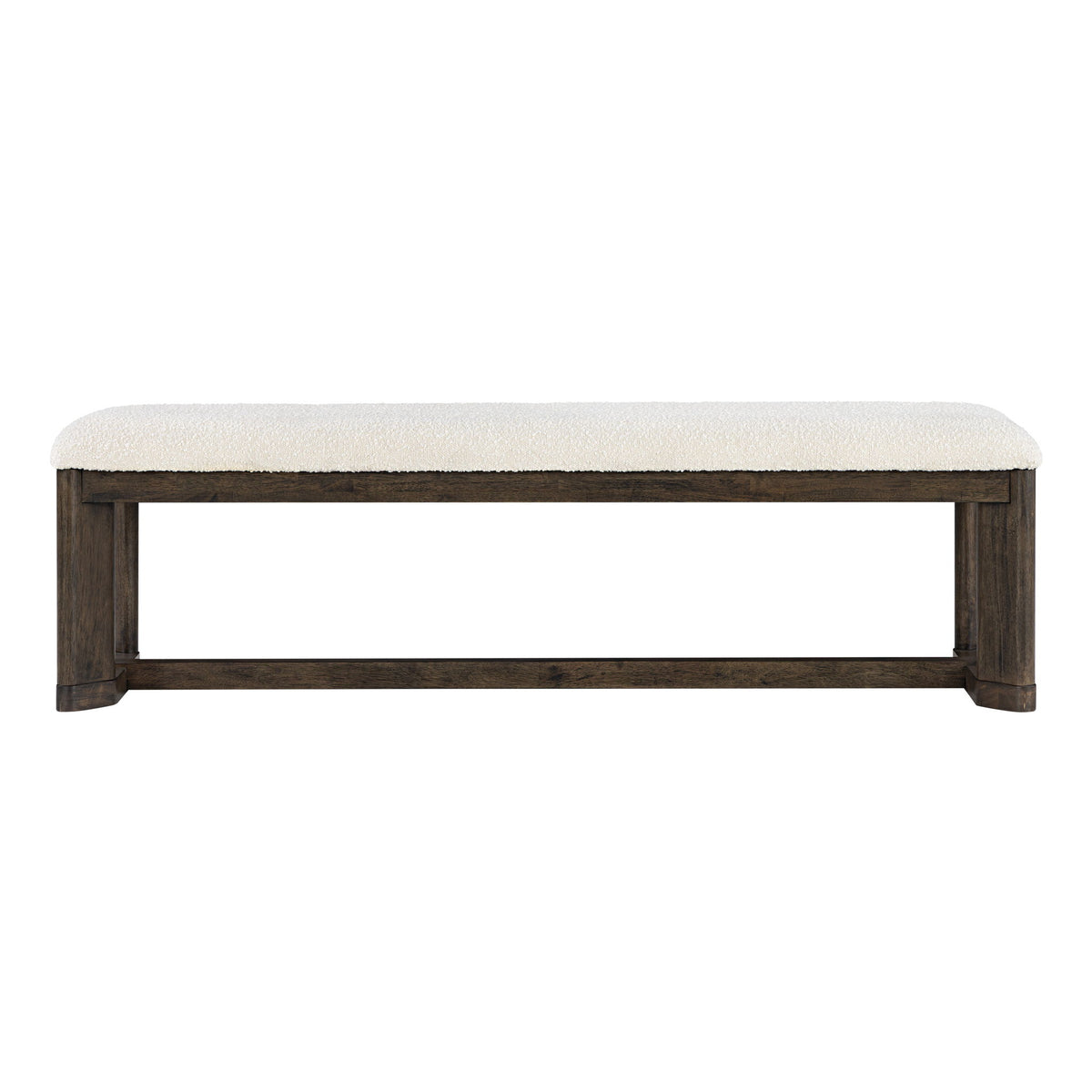 Beige upholstered backless dining bench side view with padded seat and wood base