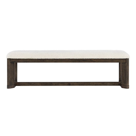 Beige upholstered backless dining bench side view with padded seat and wood base