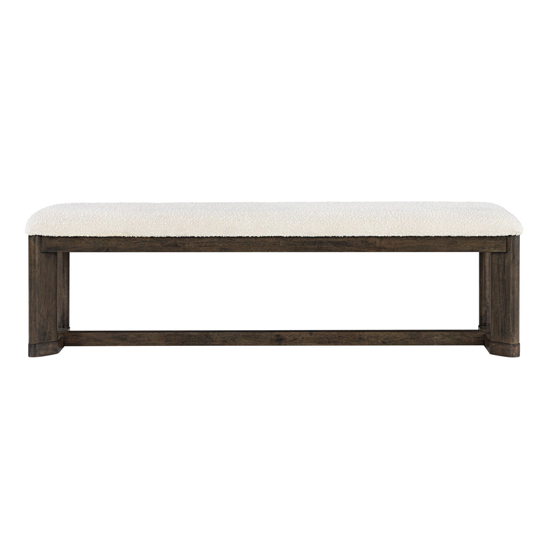 Beige upholstered backless dining bench side view with padded seat and wood base