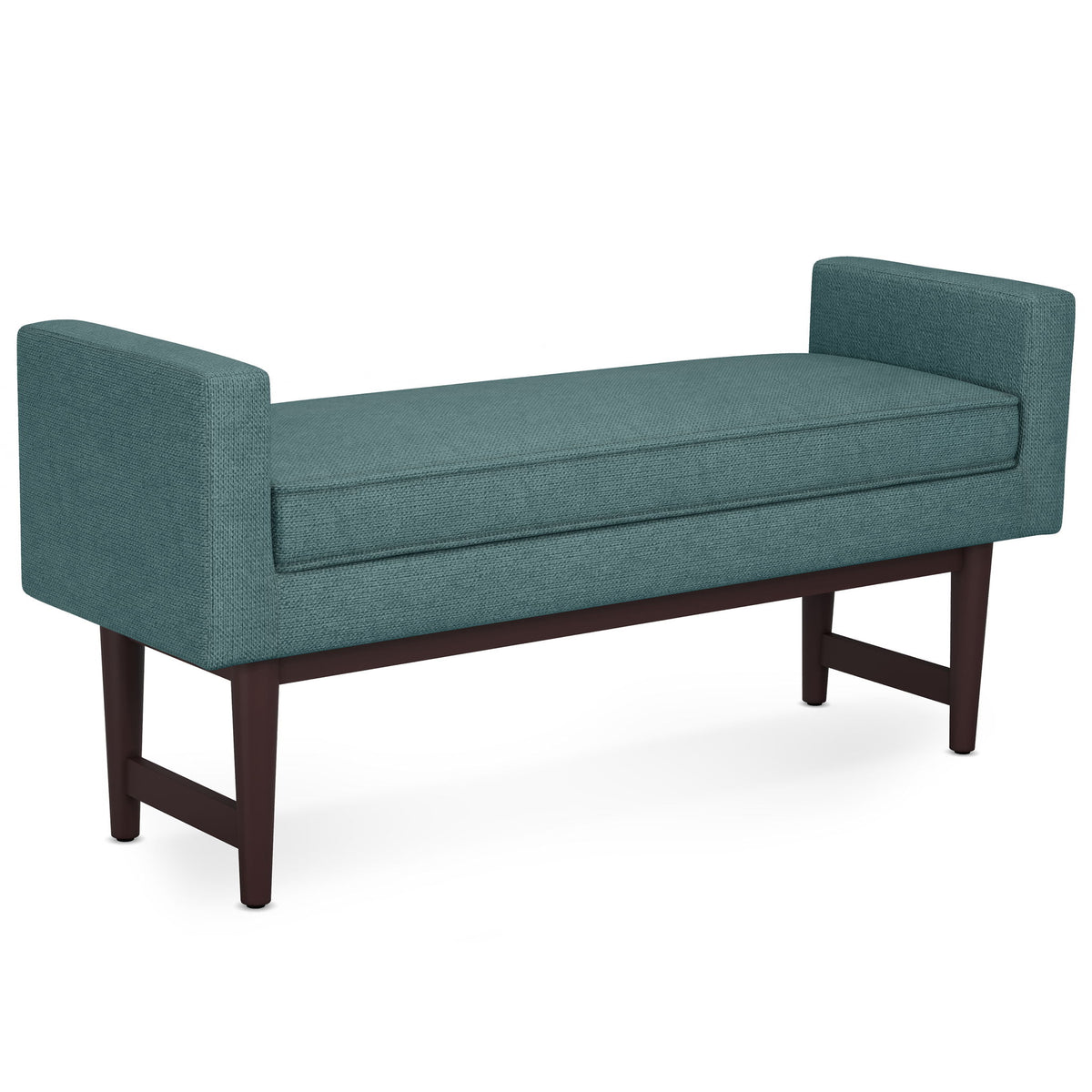 Teal upholstered ottoman bench with cushioned top and square arms