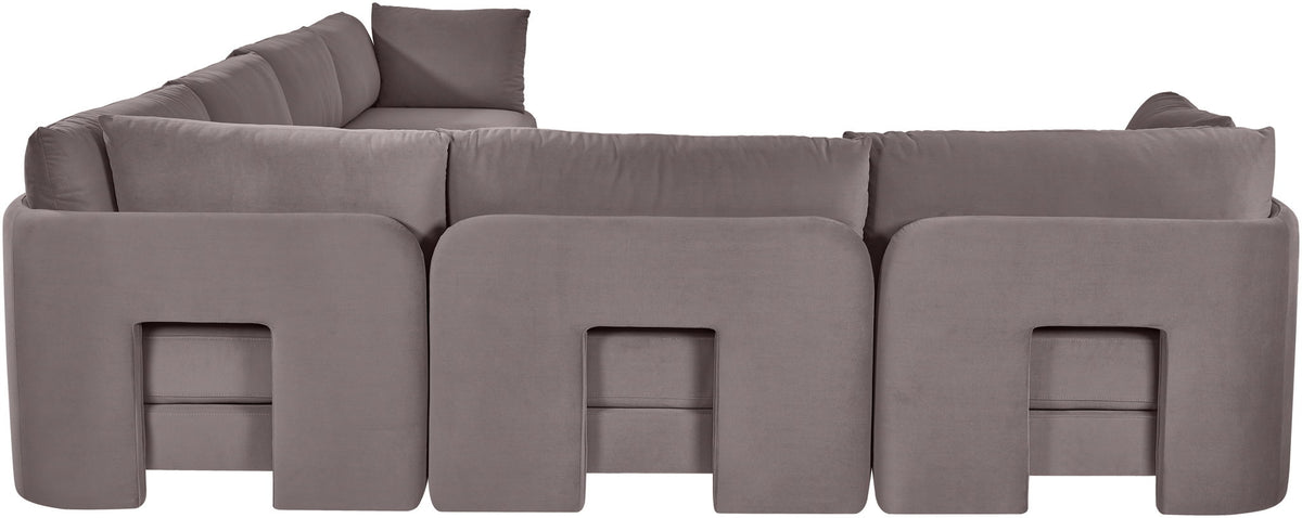Medium gray velvet corner sectional sofa with modular seats and three front arm panels