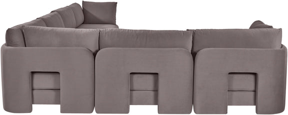 Medium gray velvet corner sectional sofa with modular seats and three front arm panels